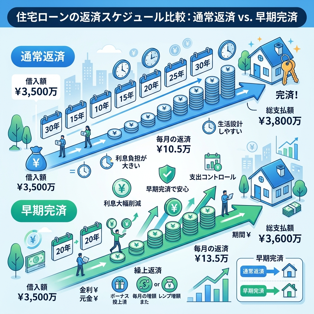 繰り上げ返済の期間短縮と返済額軽減の比較イメージ