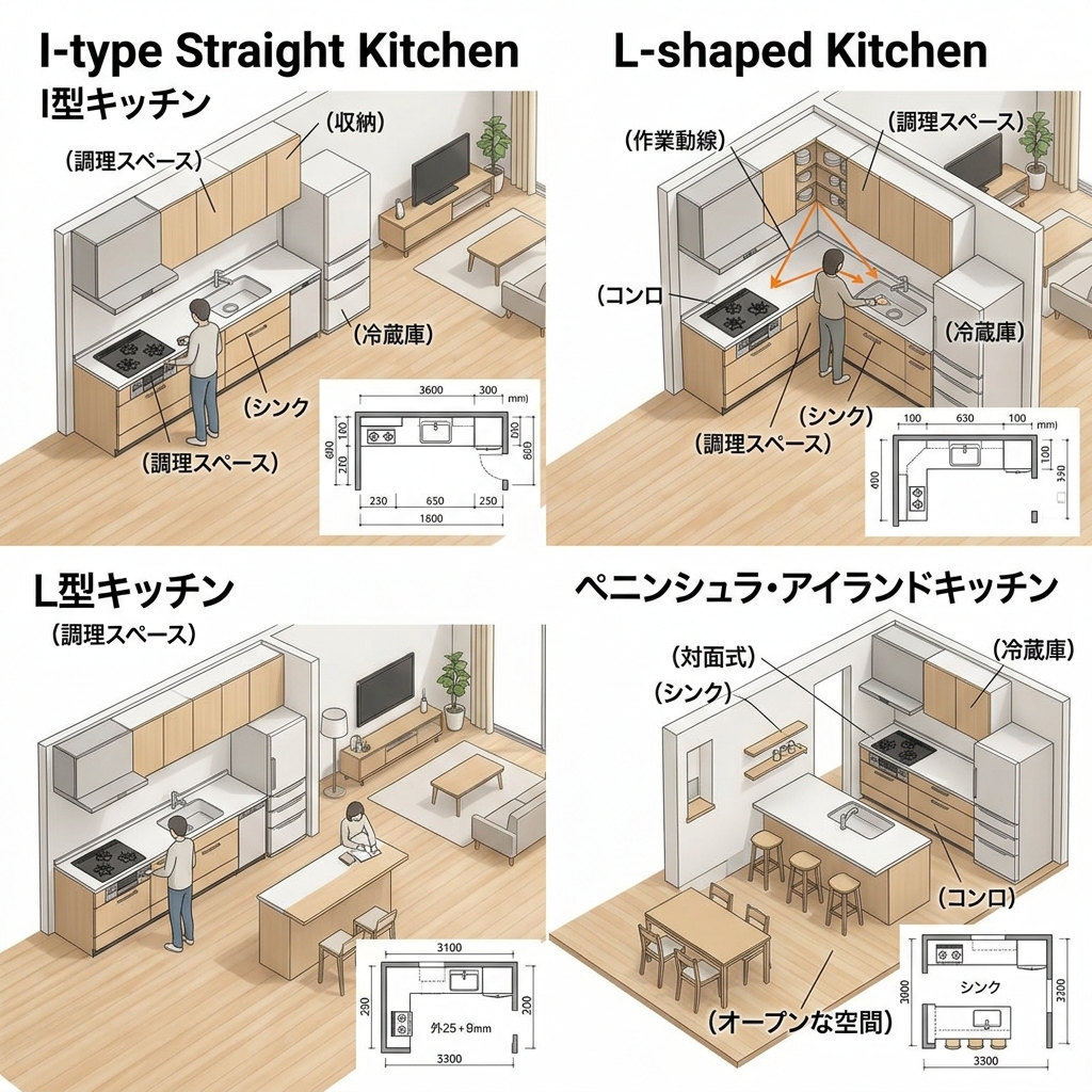 キッチンレイアウトの種類比較