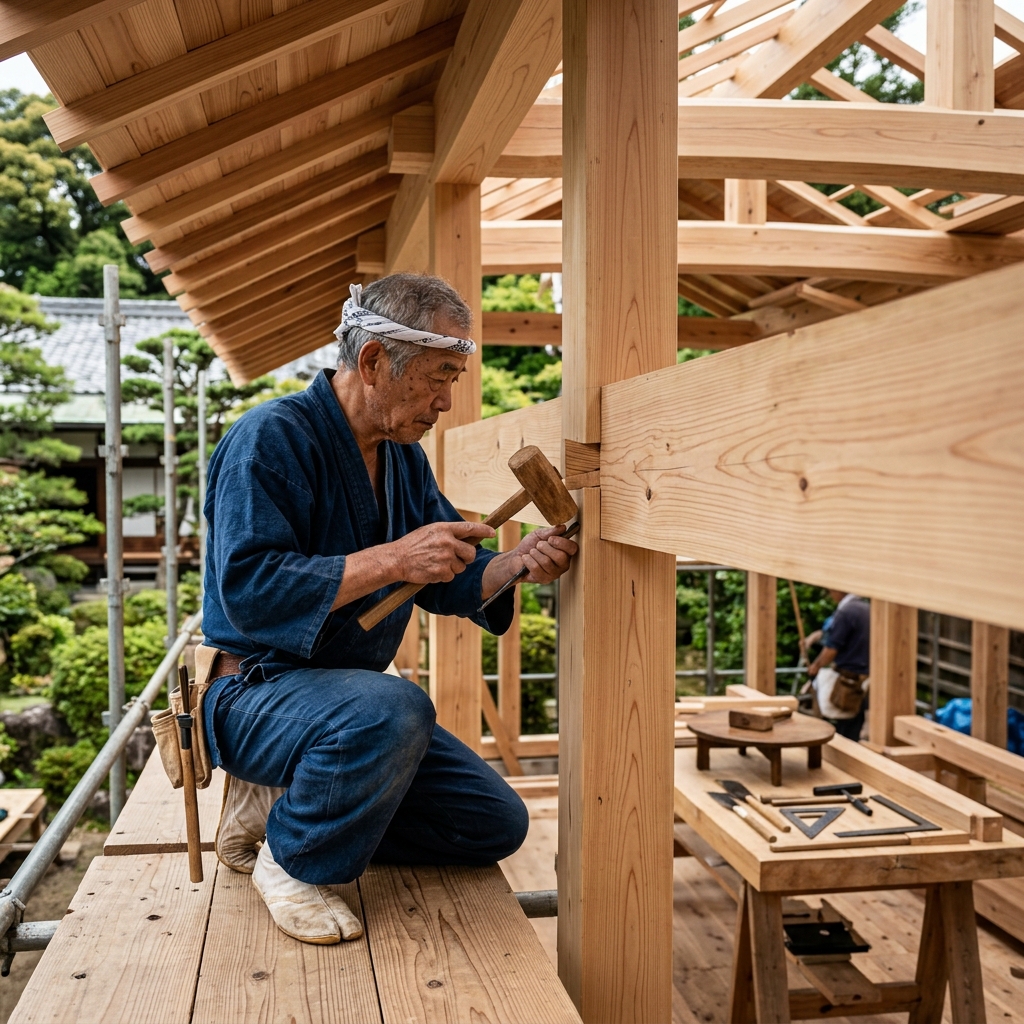 工務店の職人による木造建築の施工風景
